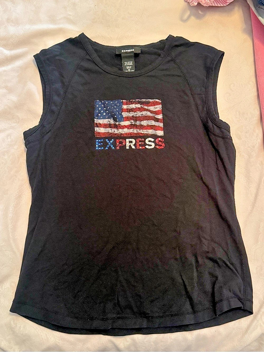Express American Flag Graphic Muscle Tee in Black & Red Medium